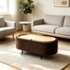Front view of brown fluted velvet oval storage ottoman with wooden tray top