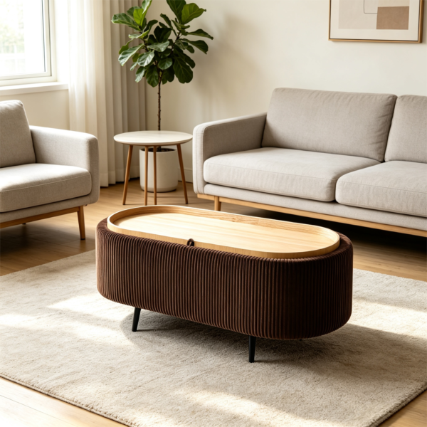 Front view of brown fluted velvet oval storage ottoman with wooden tray top