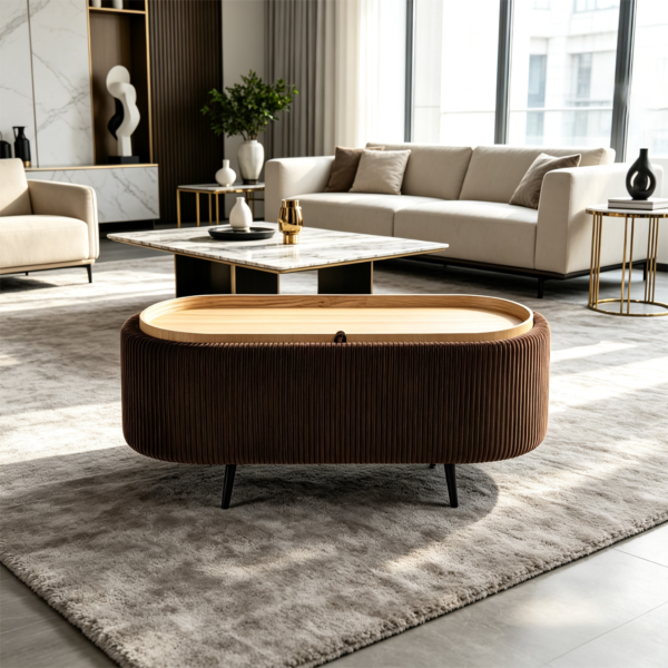 Brown oval ottoman footstool showing removable wooden tray top used as a coffee table