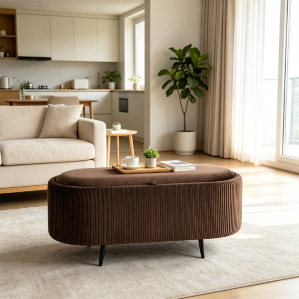 Open brown upholstered ottoman displaying spacious interior storage compartment