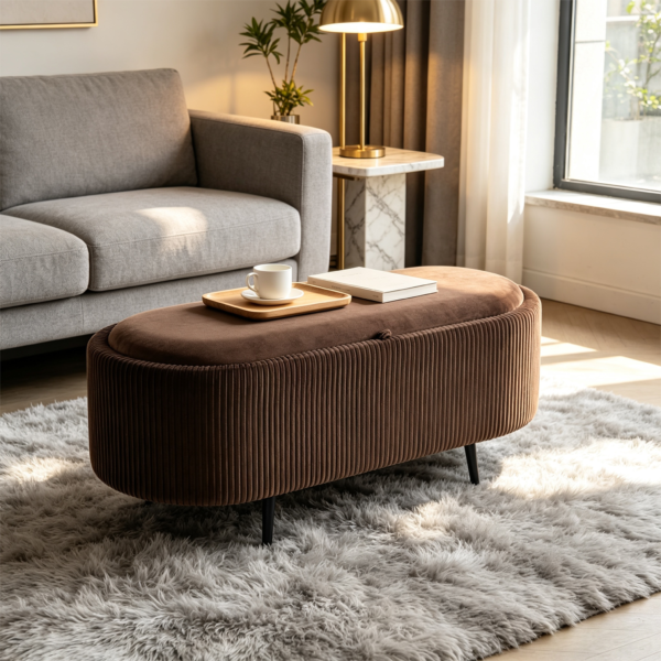 Close-up detail of premium brown ribbed velvet fabric texture on storage ottoman