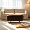 Detail shot of natural wood tray top and smooth rounded edges of the ottoman