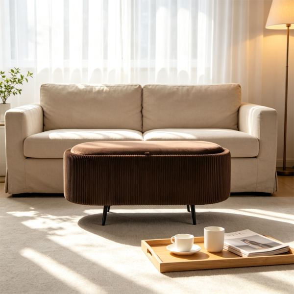 Detail shot of natural wood tray top and smooth rounded edges of the ottoman