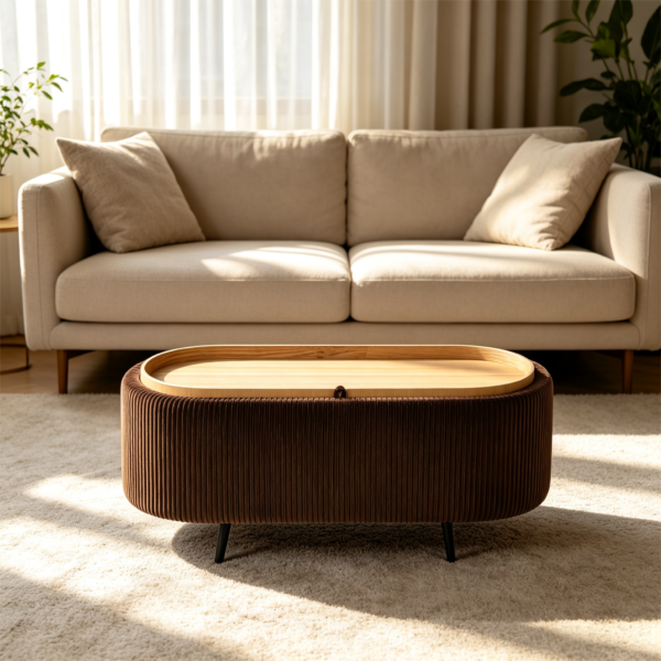 Oval brown upholstered storage ottoman coffee table with a wooden tray top in a modern living room