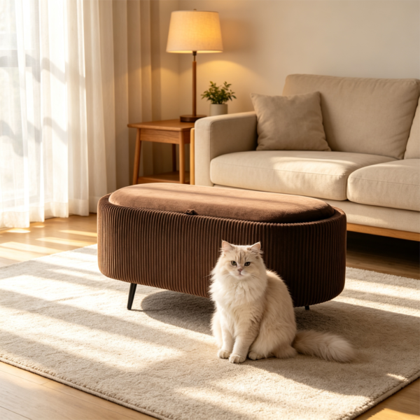 Brown velvet oval footstool placed in front of a neutral sofa as a comfortable footrest