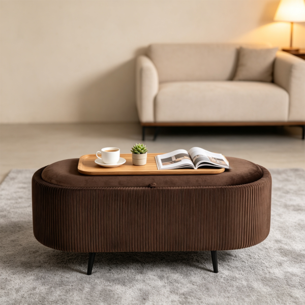 Modern brown storage bench ottoman used as an end of bed bench in a bedroom