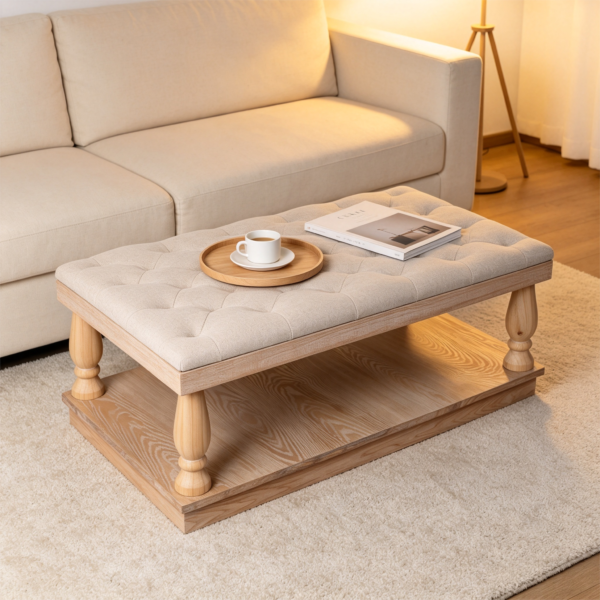 Top 1 Tufted Ottoman Coffee Table Designs with Wooden Tray | Fuzhou Victor Square beige tufted upholstered ottoman coffee table with light natural wood frame and open lower storage shelf.