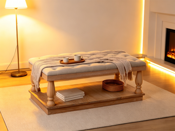 Top 1 Tufted Ottoman Coffee Table Designs with Wooden Tray | Fuzhou Victor Square tufted ottoman coffee table styled in a cozy living room with warm lighting and a wooden tray.
