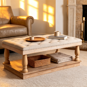 Elegant square tufted ottoman coffee table with a light wood frame and lower storage shelf, combining modern comfort with functional living room decor.