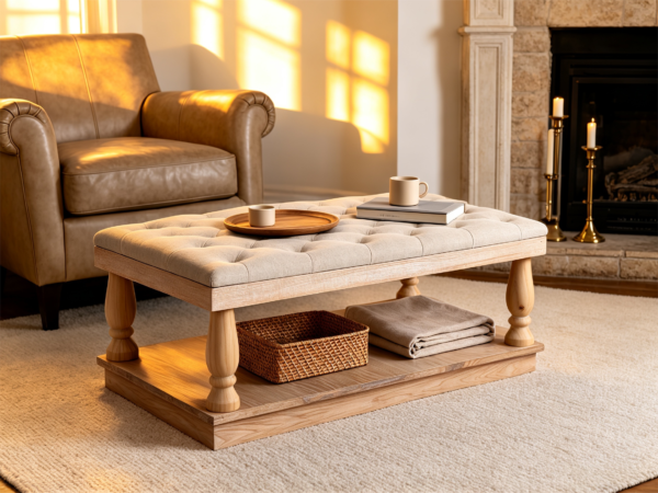 Top 1 Tufted Ottoman Coffee Table Designs with Wooden Tray | Fuzhou Victor Tufted Ottoman Coffee Table with Wooden Tray.