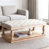 Top 1 Tufted Ottoman Coffee Table Designs with Wooden Tray | Fuzhou Victor Modern beige upholstered ottoman coffee table set in a brightly lit, spacious living room interior.