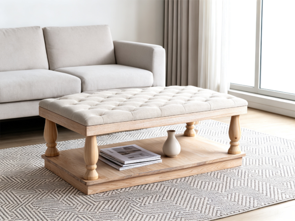 Top 1 Tufted Ottoman Coffee Table Designs with Wooden Tray | Fuzhou Victor Modern beige upholstered ottoman coffee table set in a brightly lit, spacious living room interior.