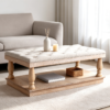 Top 1 Tufted Ottoman Coffee Table Designs with Wooden Tray | Fuzhou Victor Close-up detail of soft beige button-tufted upholstery on a square ottoman coffee table.
