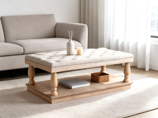 Top 1 Tufted Ottoman Coffee Table Designs with Wooden Tray | Fuzhou Victor Close-up detail of soft beige button-tufted upholstery on a square ottoman coffee table.