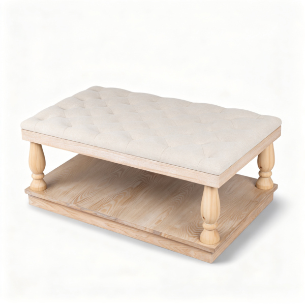 Top 1 Tufted Ottoman Coffee Table Designs with Wooden Tray | Fuzhou Victor Square beige tufted upholstered ottoman coffee table featuring a light natural wood frame, turned legs, and lower open storage shelf.