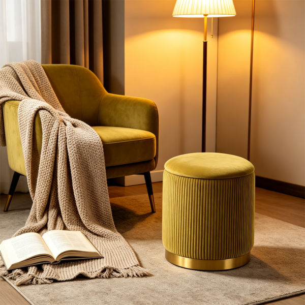 Open mustard yellow velvet ottoman showing interior storage space