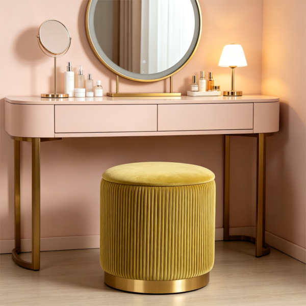 Reversible wooden lid top of round yellow velvet storage footstool