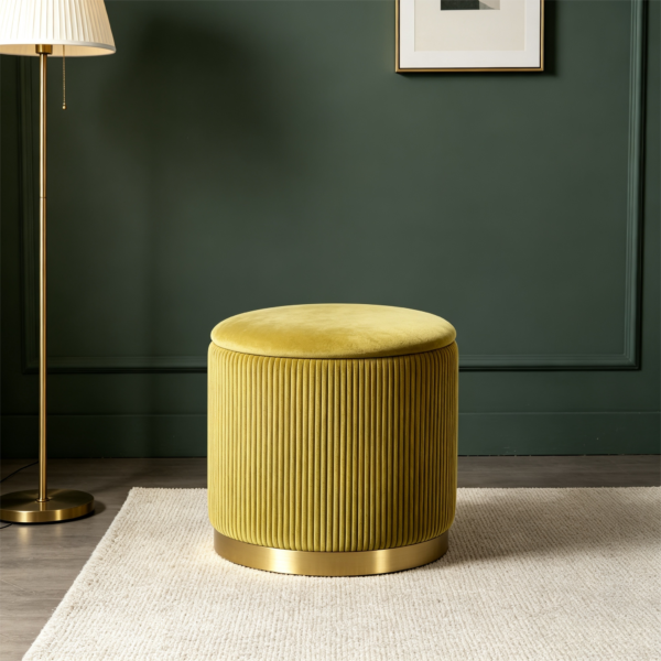 Modern mustard yellow velvet ottoman used as footrest in modern living room