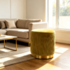 Pleated yellow velvet storage stool paired with modern vanity table