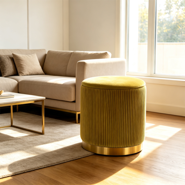 Pleated yellow velvet storage stool paired with modern vanity table