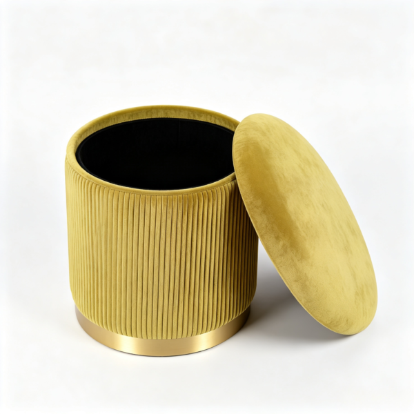 Dimensions diagram of yellow pleated round storage ottoman stool