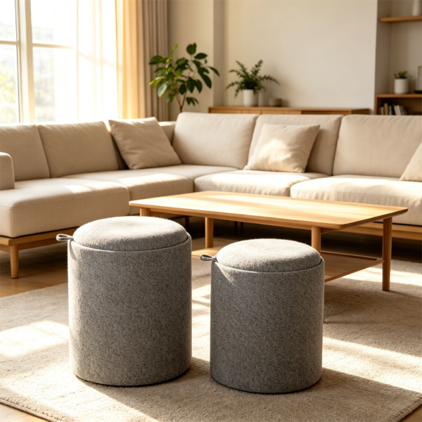 Compact grey fabric cylindrical ottoman used as a footrest and side seat next to furniture