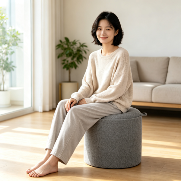Close-up view of the minimalist leather accent handle on a grey round fabric storage ottoman