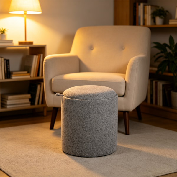 Grey round upholstered ottoman footstool placed in front of an armchair in a cozy living room